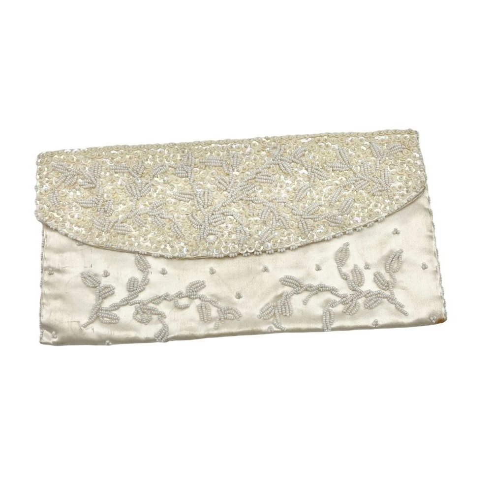 Vintage Purse Ivory 9.5 x 4.5 Clutch Hand Beaded Snap Closure Inside Pocket